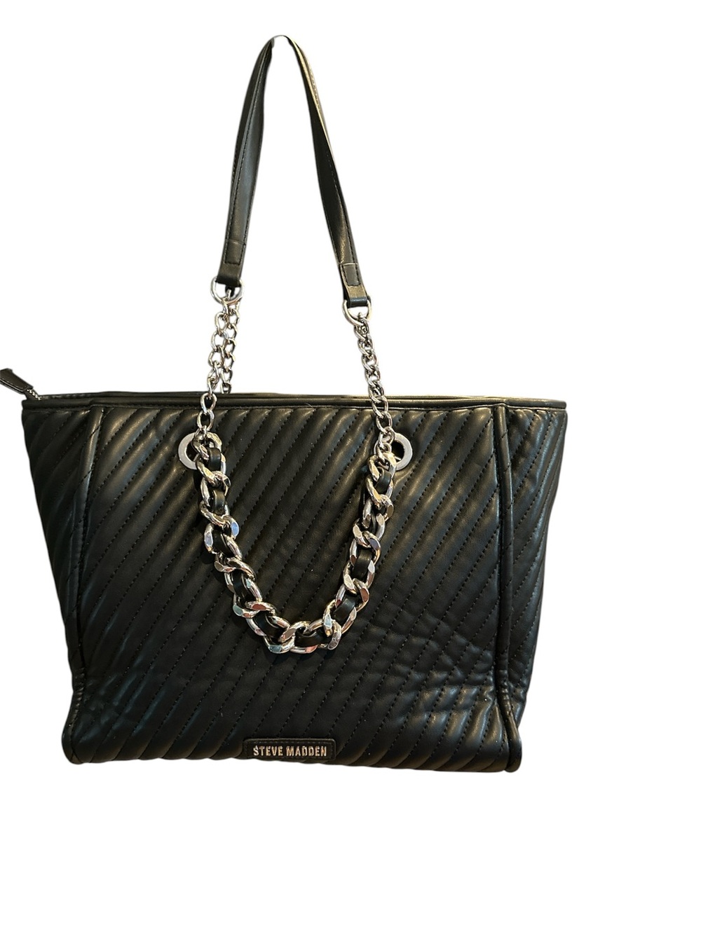 Steve Madden Black Quilted Vegan Leather Tote Bag with Silver Chain Accent
